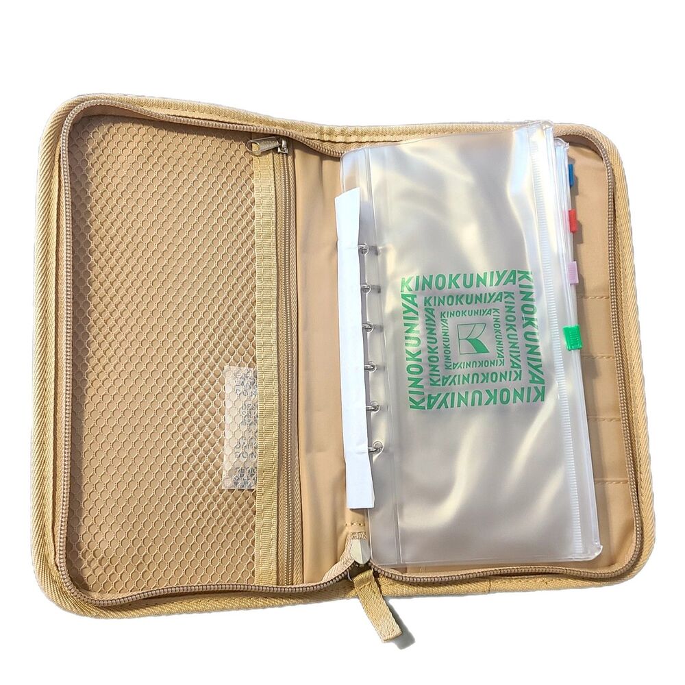 Kinokuniya x Japan NWOT Beige & Green Eco Canvas Zippy Organizer Pouch Case - Picture 4 of 11